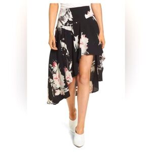 Leith SZ L - Women's Black Floral High/Low Midi Skirt